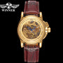 Women's automatic mechanical Wrist watch Transparent hollow design Red wine leather strap Wrist Watch Water resistant