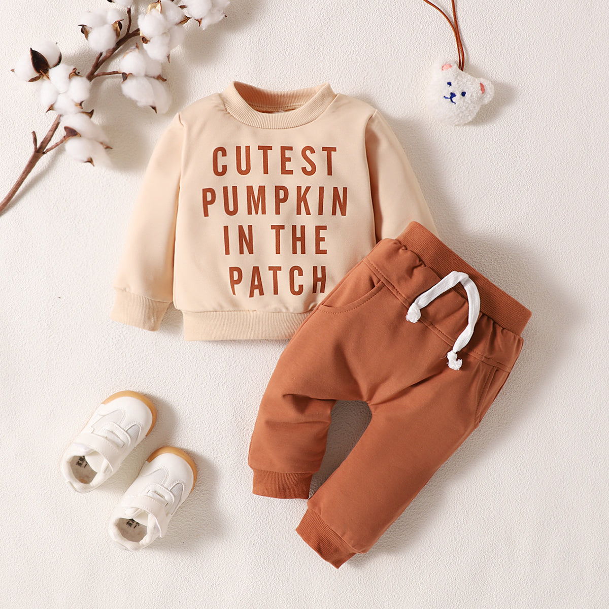 Boy Pumpkin Letter Printing Apricot Long Sleeve Trousers Suit