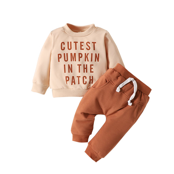 Boy Pumpkin Letter Printing Apricot Long Sleeve Trousers Suit