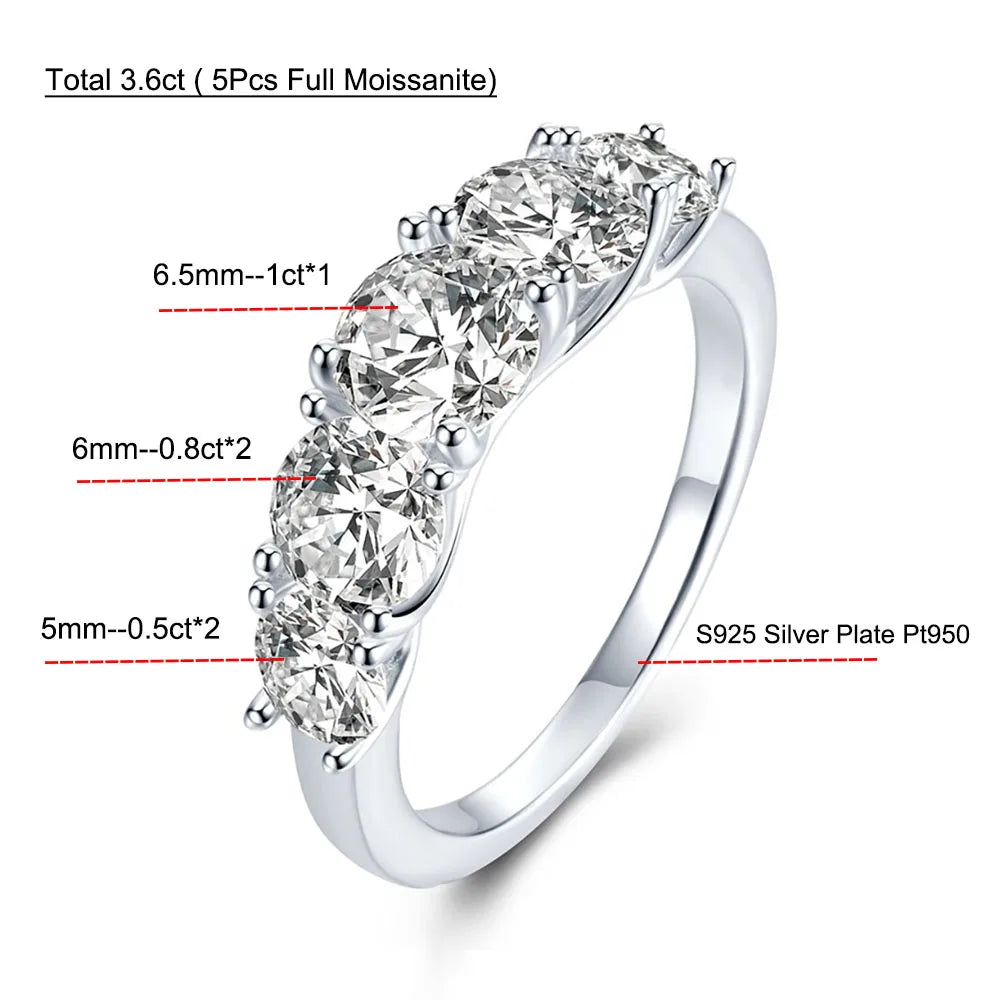 Certified 5-Stone Moissanite Brilliance Diamond Ring, S925 Sterling Silver