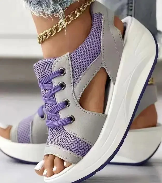 Contrast Paneled Cutout Lace-Up Muffin Sandals Woman Platform Sport