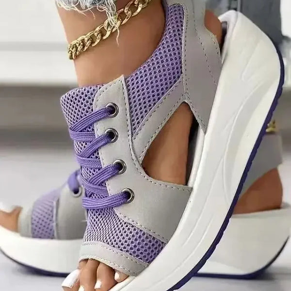 Contrast Paneled Cutout Lace-Up Muffin Sandals Woman Platform Sport