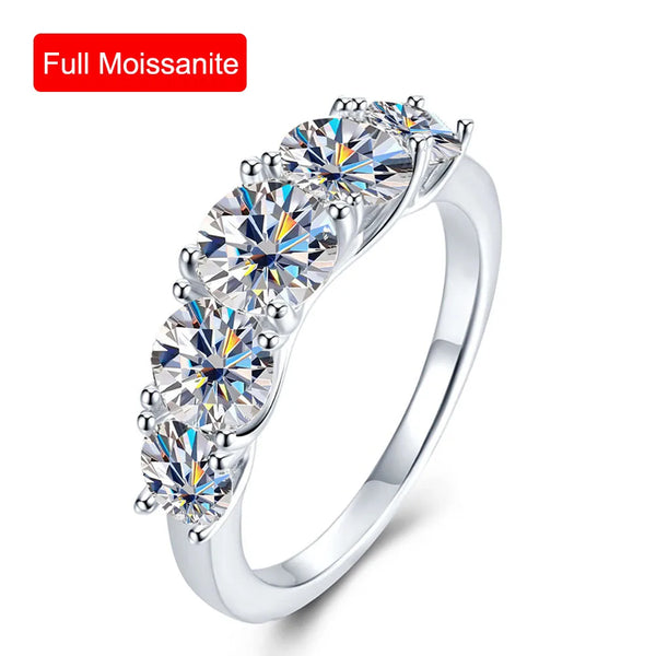 Certified 5-Stone Moissanite Brilliance Diamond Ring, S925 Sterling Silver