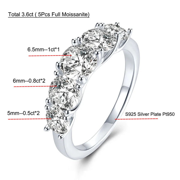 Certified 5-Stone Moissanite Brilliance Diamond Ring, S925 Sterling Silver