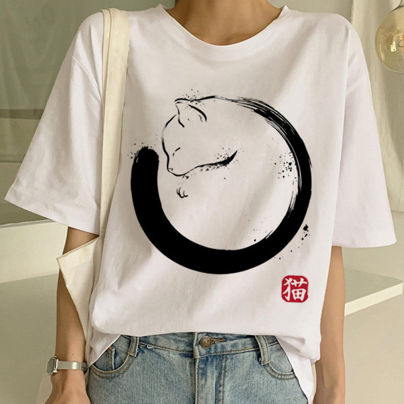Personalized Funny Cat Print Men And Women Couple Short-sleeved T-shirt Ins Tide