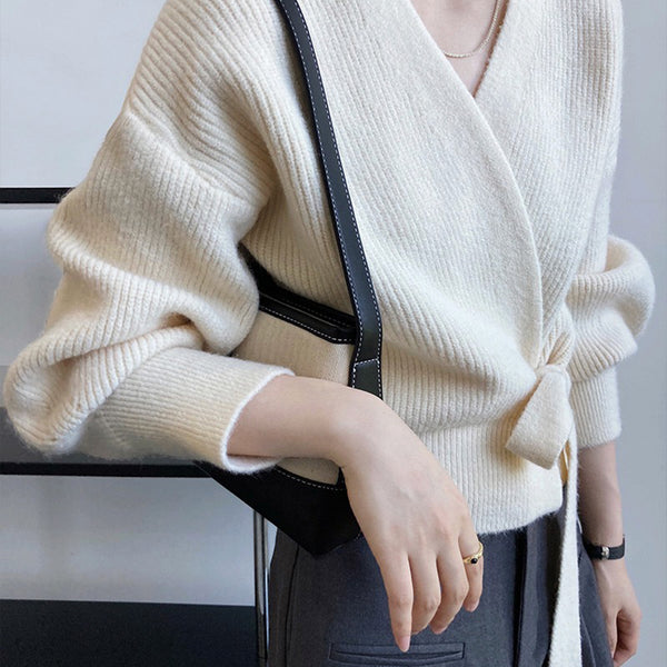 French Retro Knitted Cardigan Top V-neck Tie Loose Womens Sweater Coat, Handmade Spring Clothing, Womens Clothing