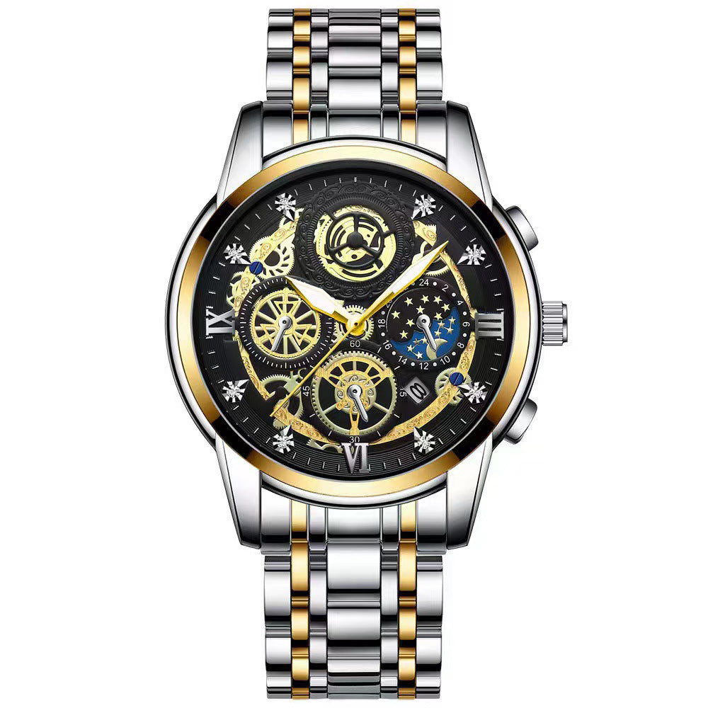 Men's Fashion Watch Hollow Flywheel Rhinestone Waterproof Sun Moon Stars