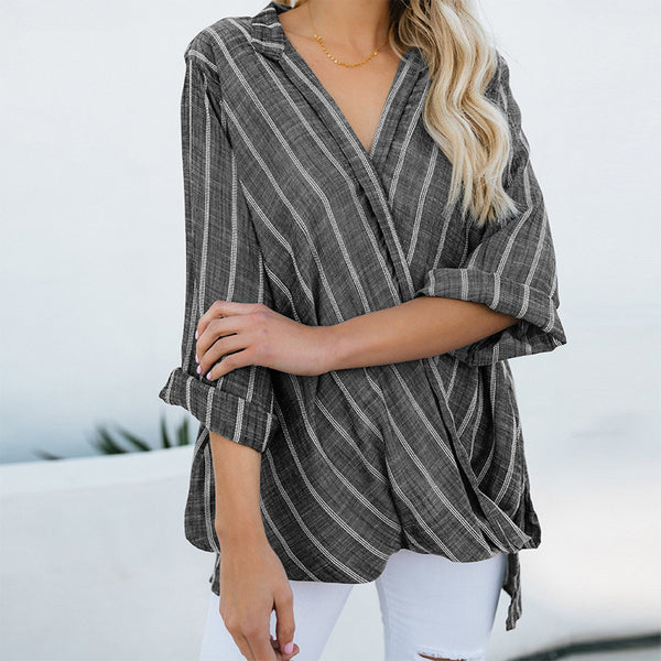 Striped Cotton And Linen Irregular Long Sleeve Plus Size Blouse