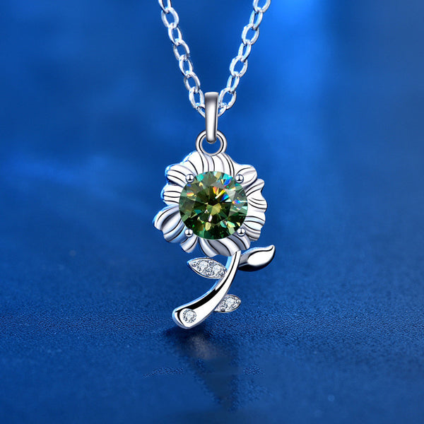 Sterling Silver Necklace Green Moissanite Sunflower Flower Pendant