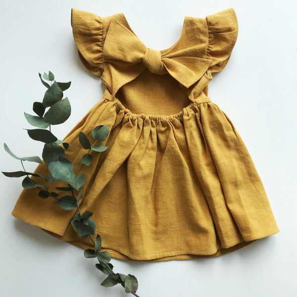 New Girls' Dress Baby Cotton And Linen Solid Color Children Shirt Bow Princess Dress Pettiskirt European And American Style Children's Clothing