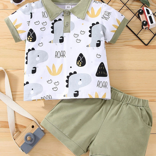 Boy's Little Dinosaur Lapel Cotton Short Sleeve Top Short Pants Suit