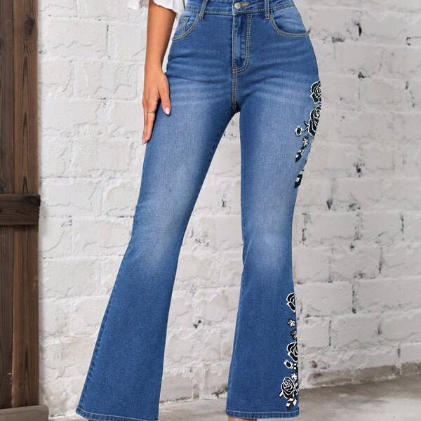 Women's Fashionable Stretch Floral Embroidered Flared Jeans