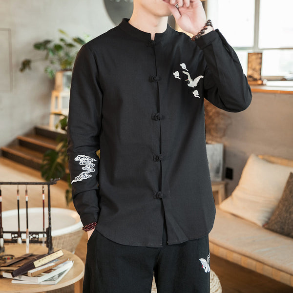 Crane Embroidery Men Cotton Linen Long Sleeve Blouse