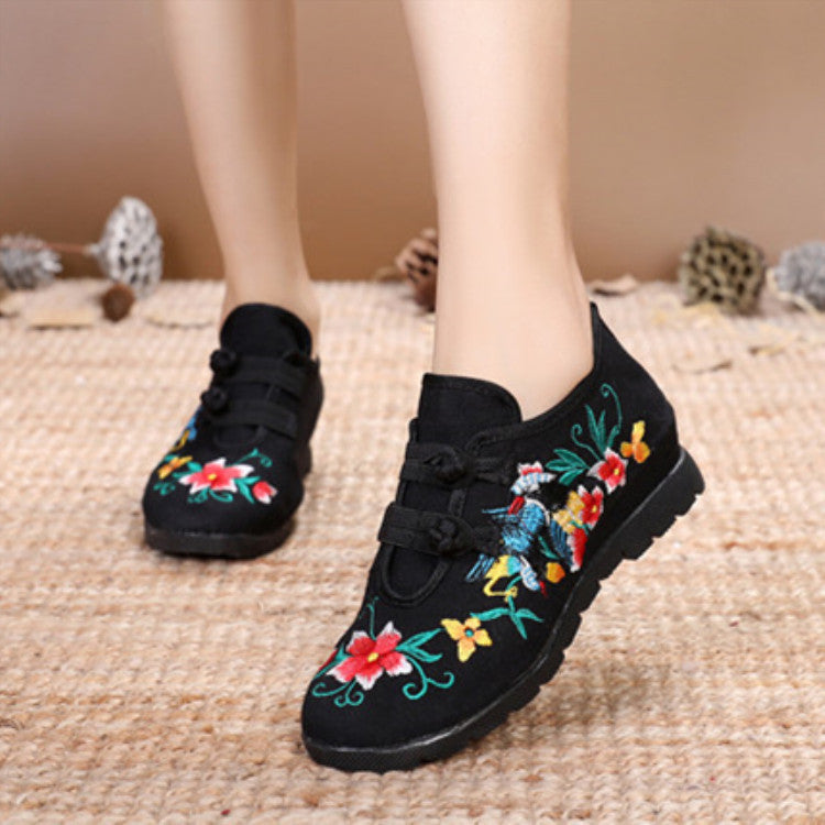 Women's Single Ethnic Embroidered Cloth Shoes With Rubber Platform Elegant Buckle