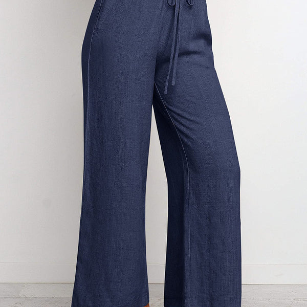 Elastic Waistband Lace-up Wide Leg Pants Solid Color Cropped Pants