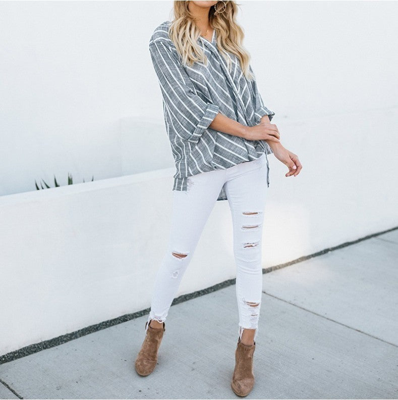 Striped Cotton And Linen Irregular Long Sleeve Plus Size Blouse