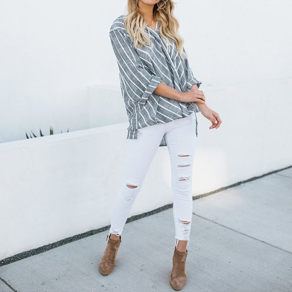 Striped Cotton And Linen Irregular Long Sleeve Plus Size Blouse