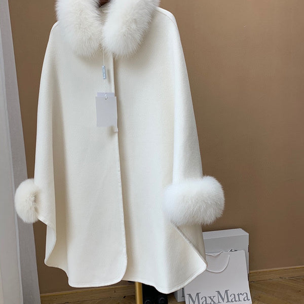 Cape Fox Fur Collar Cashmere Wavy Coat