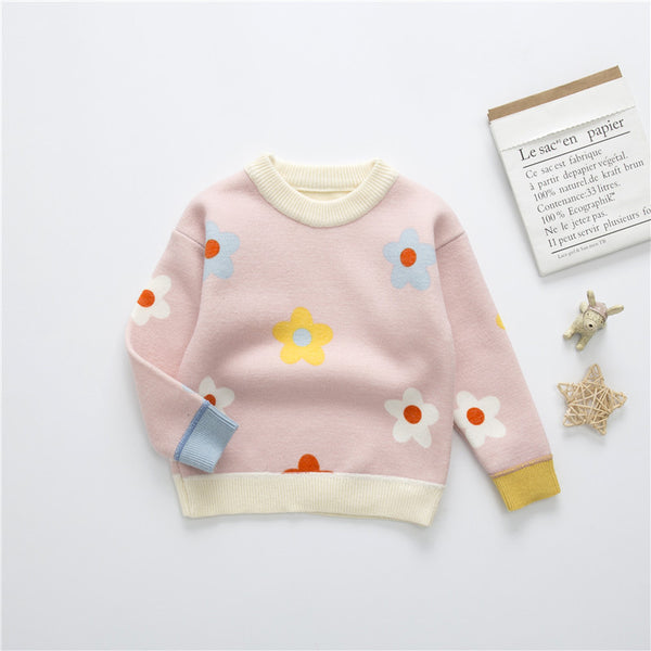 Autumn And Winter Children's Velvet Padded Sweater Girls' Baby Flower Thickened Pullover Knitting Bottoming Shirt