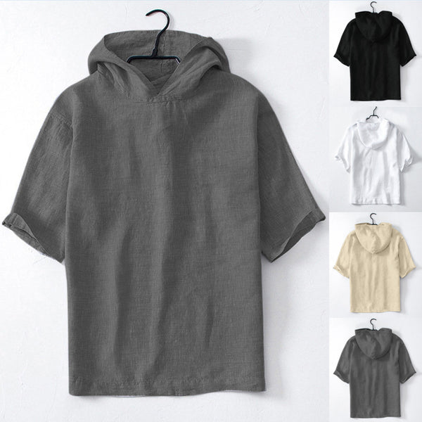 Slim Men's Solid Color Cotton And Linen Hooded Short-Sleeved Shirt