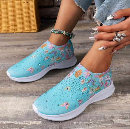 Large Size Printed Rhinestone Low Top Women's Breathable Flyknit Mesh Shoes