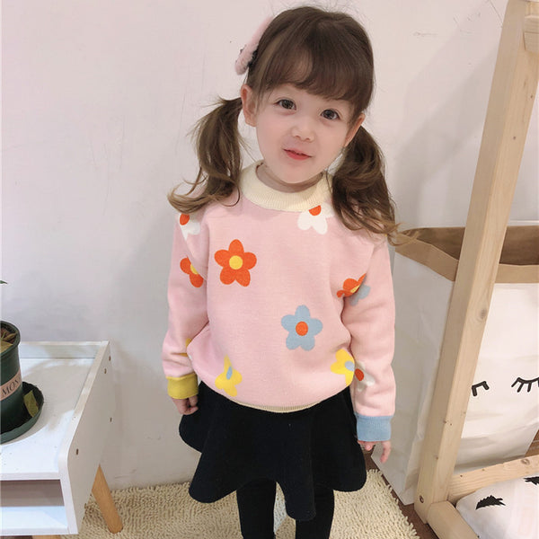 Autumn And Winter Children's Velvet Padded Sweater Girls' Baby Flower Thickened Pullover Knitting Bottoming Shirt