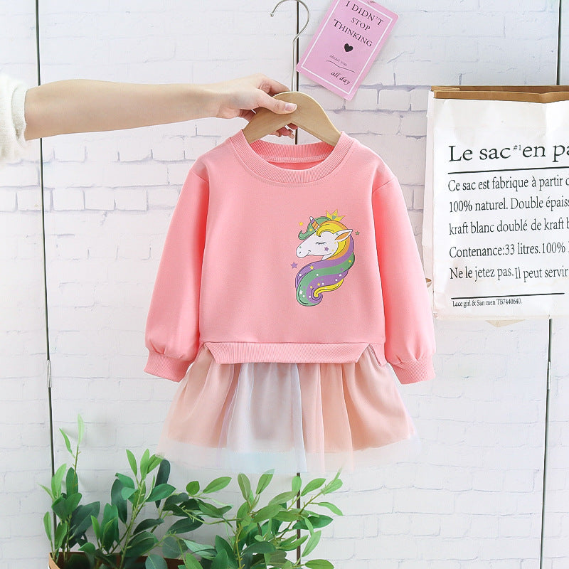 Girls' Skirt Children's Pullover Long Sleeve Cartoon Mesh Princess Dress Baby Girl Fashionable Dress