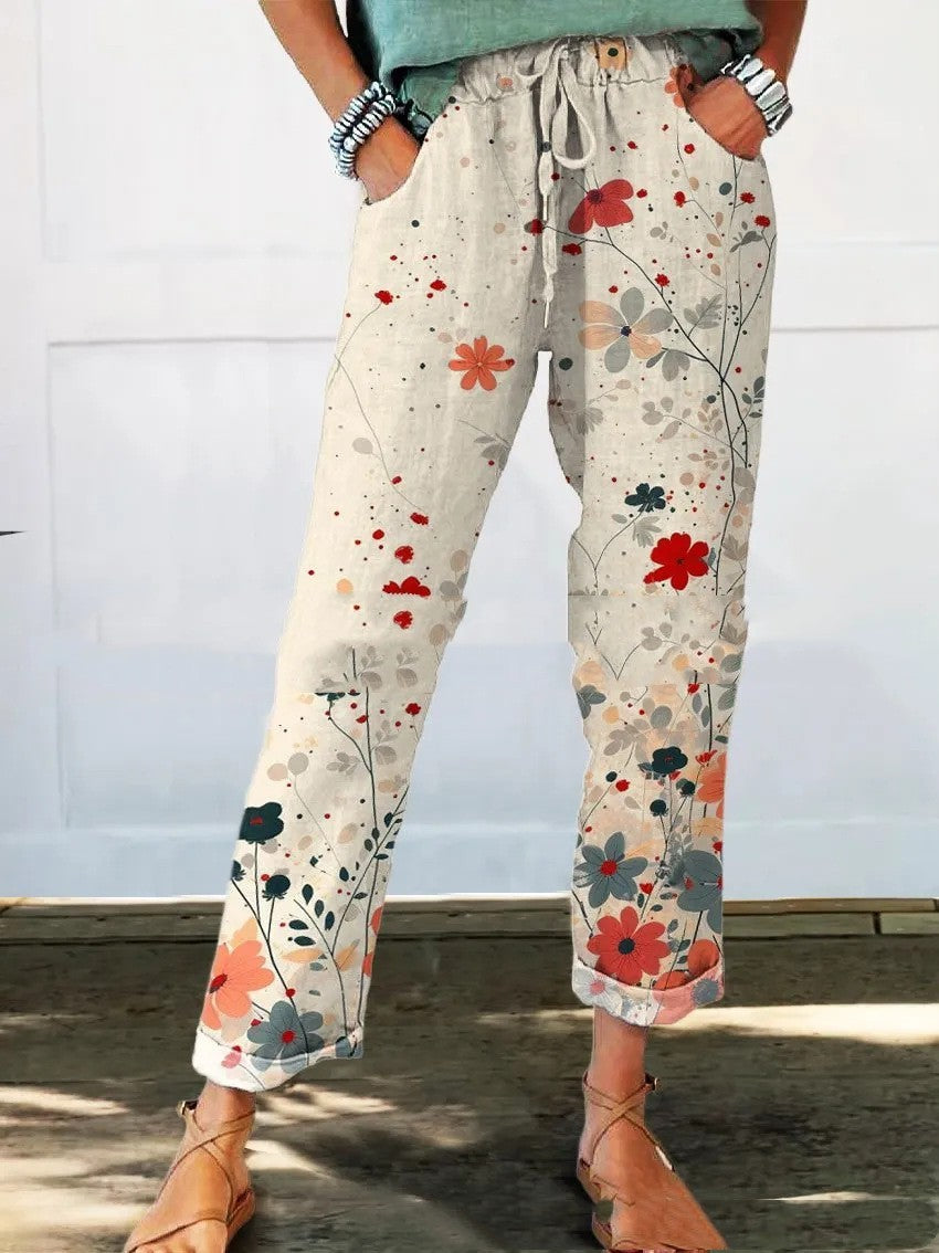 Drawstring Pocket Printed Casual Cropped Pants