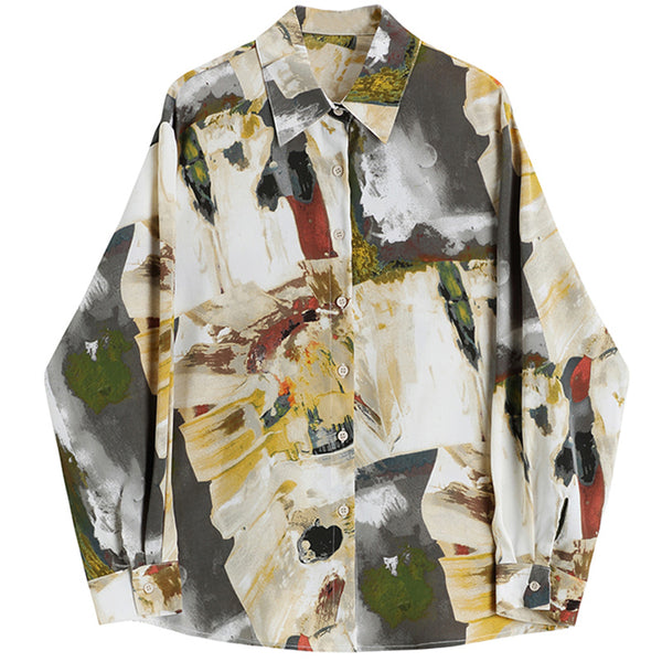 Fall Season Vintage Print Long Sleeve Abstract Shirt Top