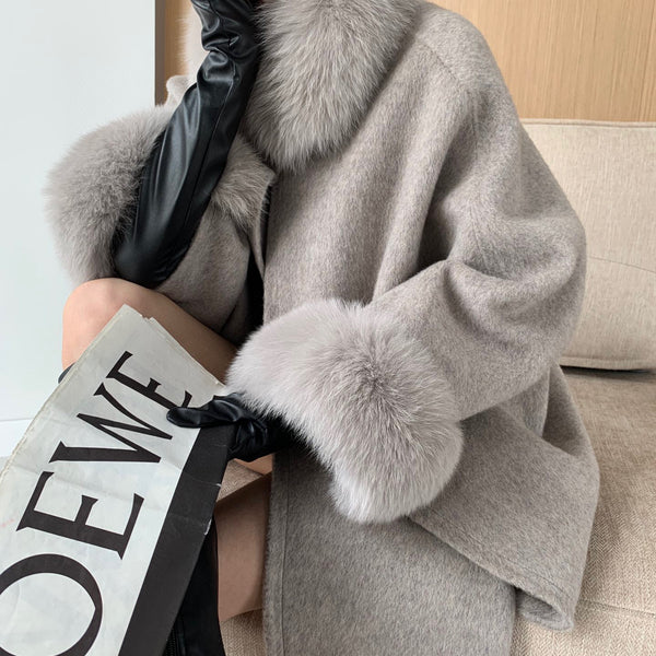 Cape Fox Fur Collar Cashmere Wavy Coat