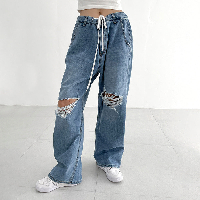 Women's Hip Hop Irregular Ripped High Waist Tie Loose Pants