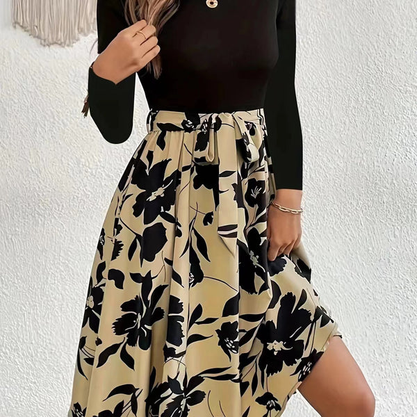 Floral Print Long Sleeve Dress Fashion Round Neck Tie Slim Dress Women's Clothing