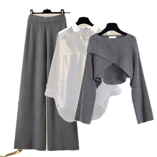 Knitted Sweater Shirt Wide Leg Pants Three-piece Set Suit