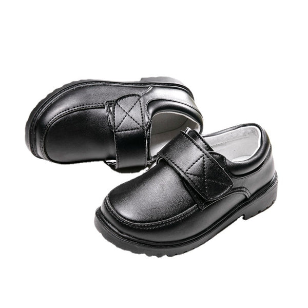 Boys Black Student Velcro British Leather Shoes