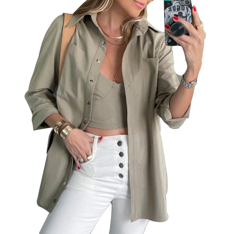 Fall New Style European And American Women's Fashion Solid Color Lapel Long-sleeved Shirt