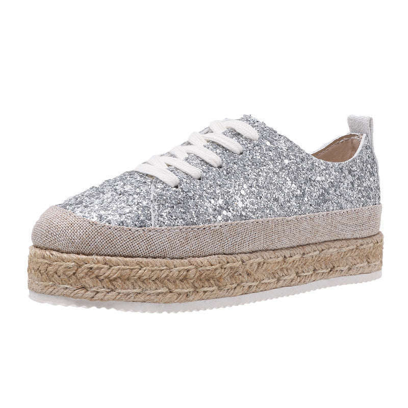 Round Head Thick Bottom Lace-up Sequined Linen Bottom Breathable Shoes Women