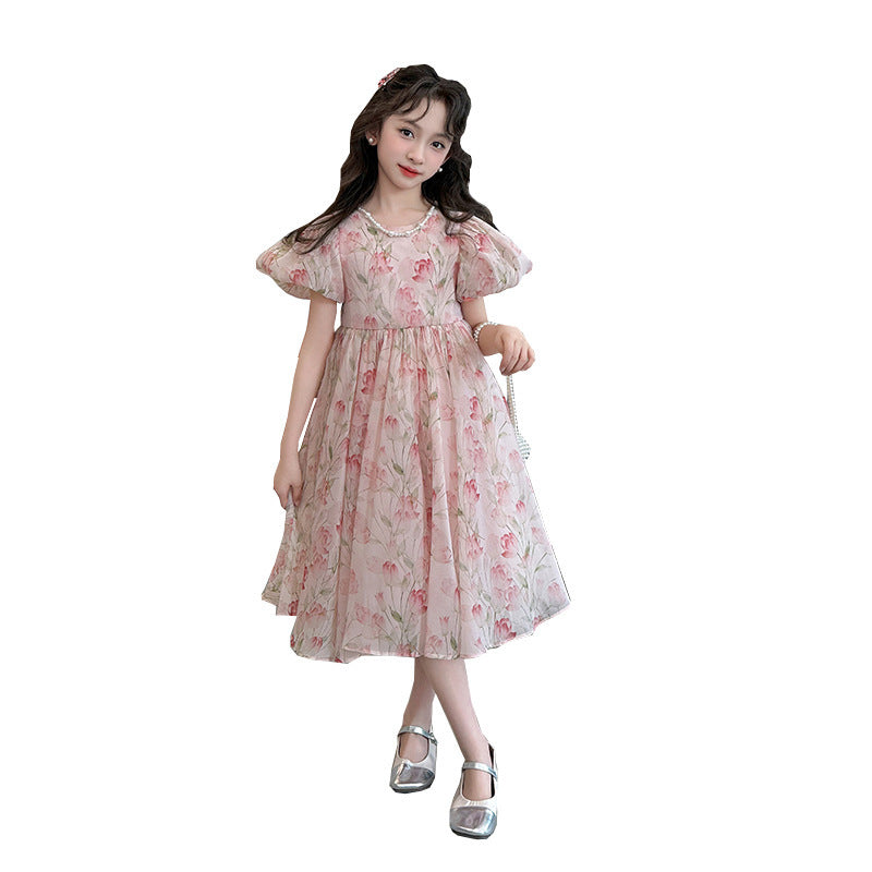 Princess Style Fashionable Children's Puff Sleeve Summer Skirt