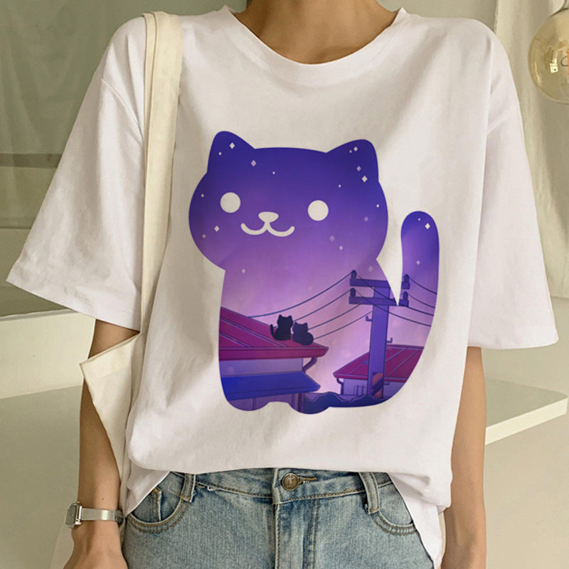 Personalized Funny Cat Print Men And Women Couple Short-sleeved T-shirt Ins Tide