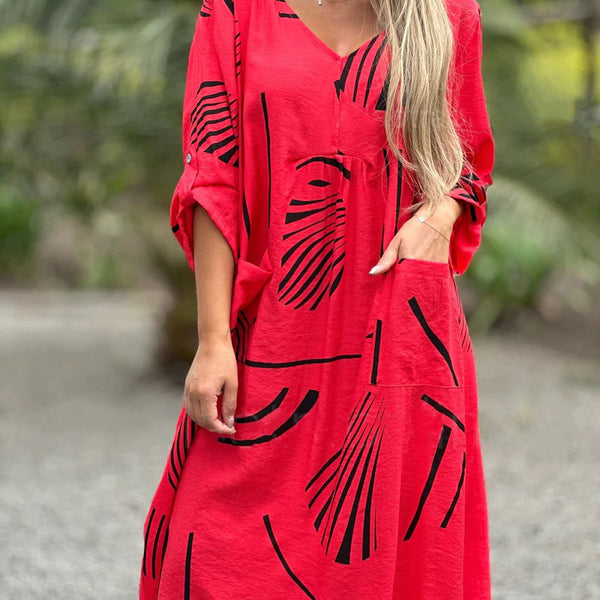 Fashion Printed V Neck Long Sleeve Dress Casual Loose Straight Dress Women's Clothing