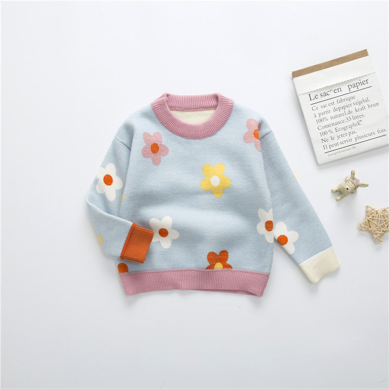 Autumn And Winter Children's Velvet Padded Sweater Girls' Baby Flower Thickened Pullover Knitting Bottoming Shirt