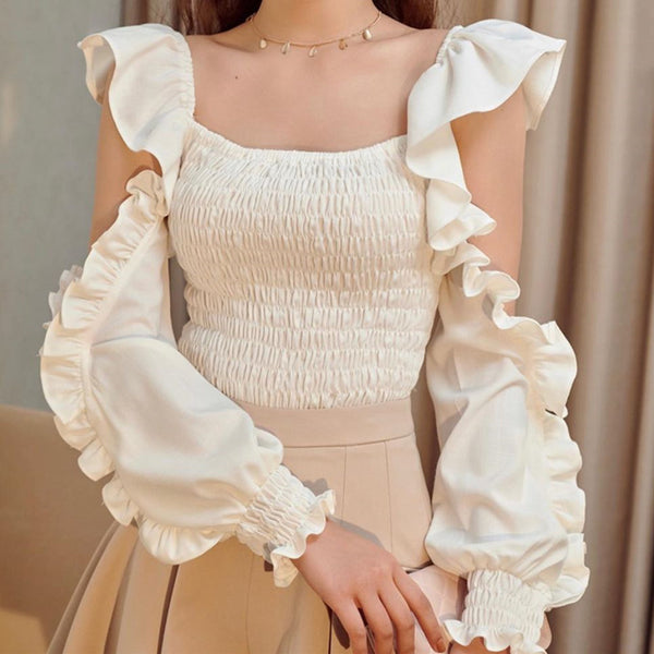 Women's Irregular Pleated Ruffled Long Sleeve Top