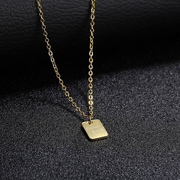 Lucky Titanium Steel Small Square Brand Pendant Necklace