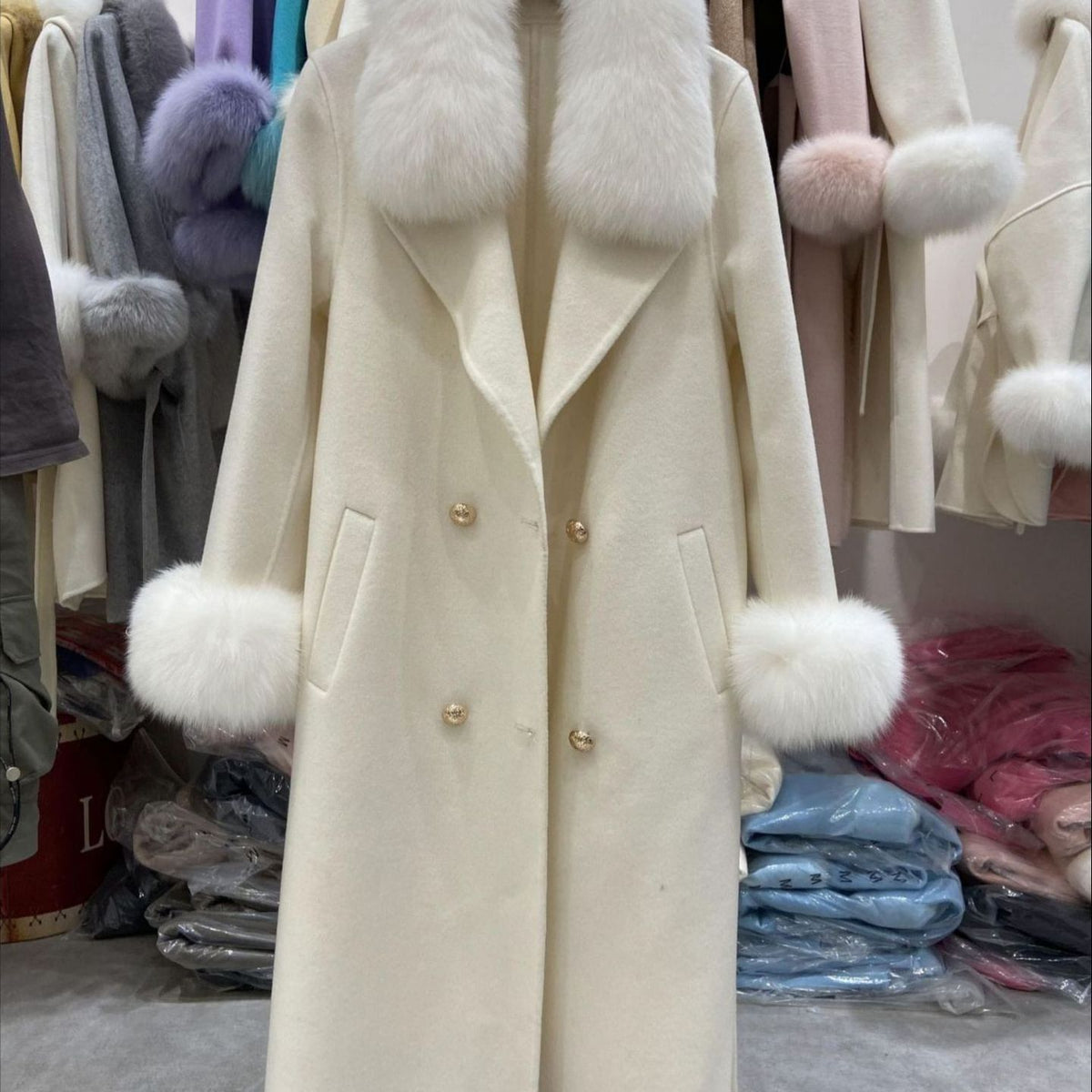 Fox Fur Collar Wool Double-sided Woolen Coat Long For Women