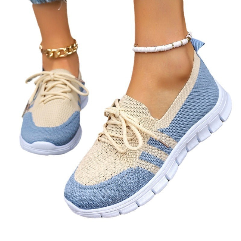 Women's Fly Woven Mesh Casual Sports Lace Color Block Flat Shoes