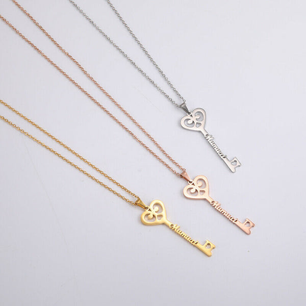 Custom Key Shaped Name Necklace Women's Stainless Steel Vertical Pendant Jewelry Couple Necklace