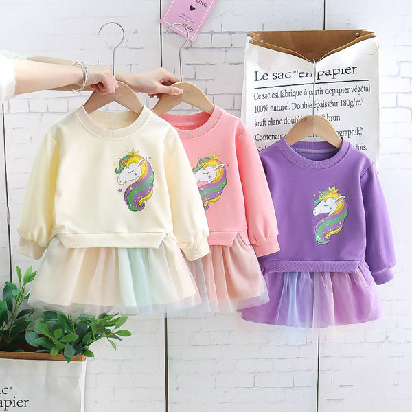 Girls' Skirt Children's Pullover Long Sleeve Cartoon Mesh Princess Dress Baby Girl Fashionable Dress