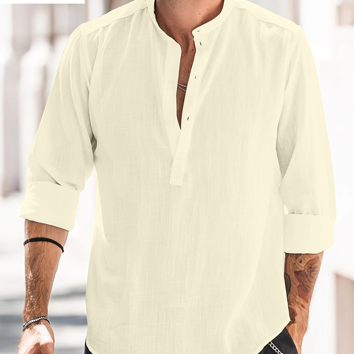 Men's Casual Stand-up Collar Door Barrel Solid Color Long-sleeved Shirt