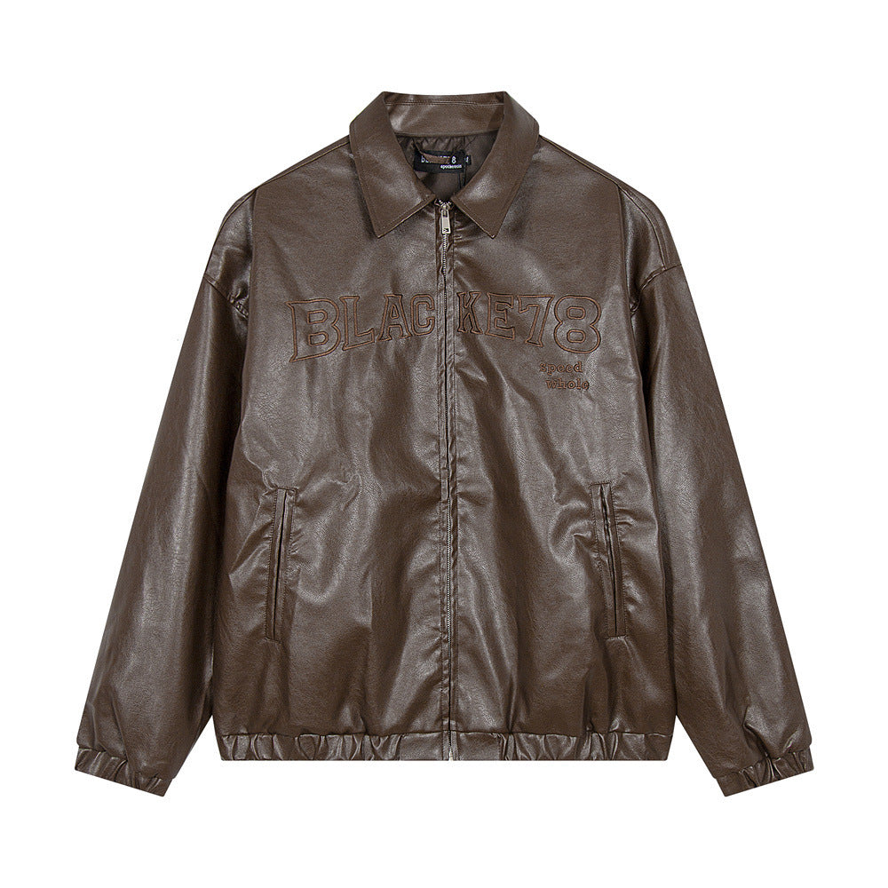 Embroidered Letters Leather Coat Men