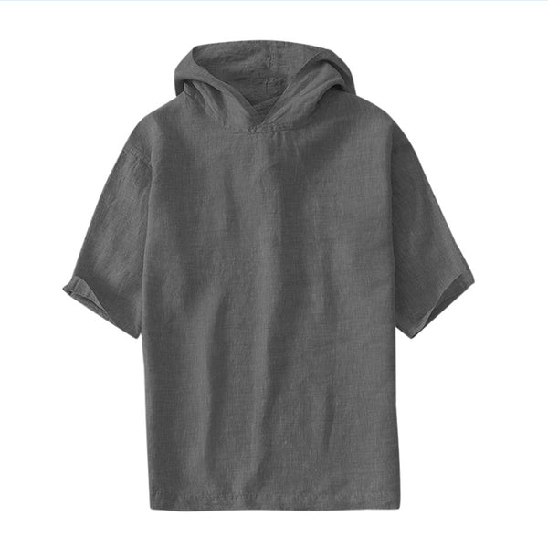 Slim Men's Solid Color Cotton And Linen Hooded Short-Sleeved Shirt