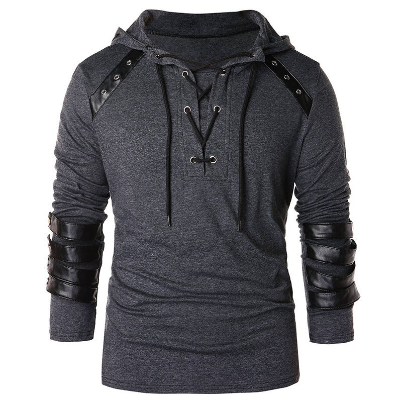 Men's T-shirt With Leather Tethered Hooded Pullover Long-sleeved Sports T-shirt